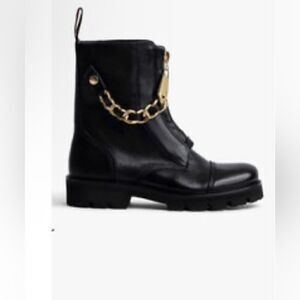 Zadig & Voltaire Joe Cecilia leather combat moto boots with gold chain New